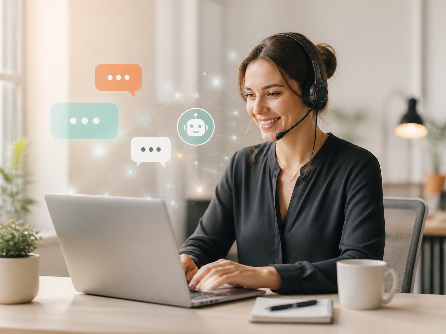 Kundtjänstmedarbetare som arbetar med AI-stödd livechatt